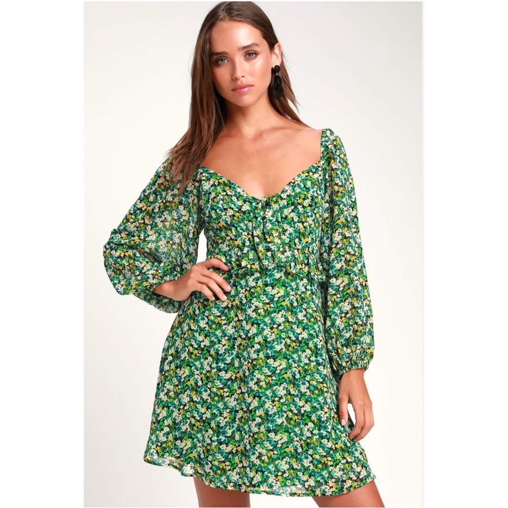 Lulus Forsythia Green Floral Print Long Sleeve Tie-Front Dress Size Small